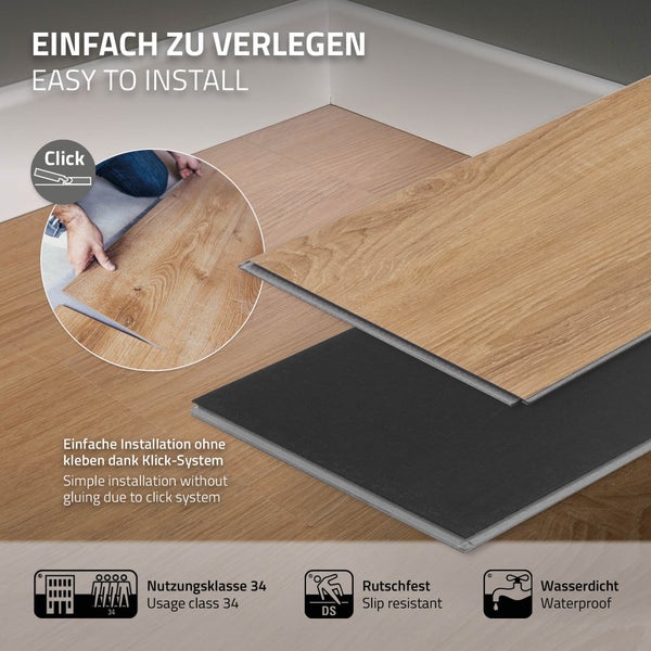 ML-Design Deluxe PVC Bodenbelag, Click Vinyl-Dielen, Vinylboden, 122 cm x 18 cm x 4,2 mm, Dicke 4,2 mm, 1,54m²/7 Dielen, Sandbar Eiche, Braun, Holzoptik, rutschfest, wasserfest, Belastungsklasse 34