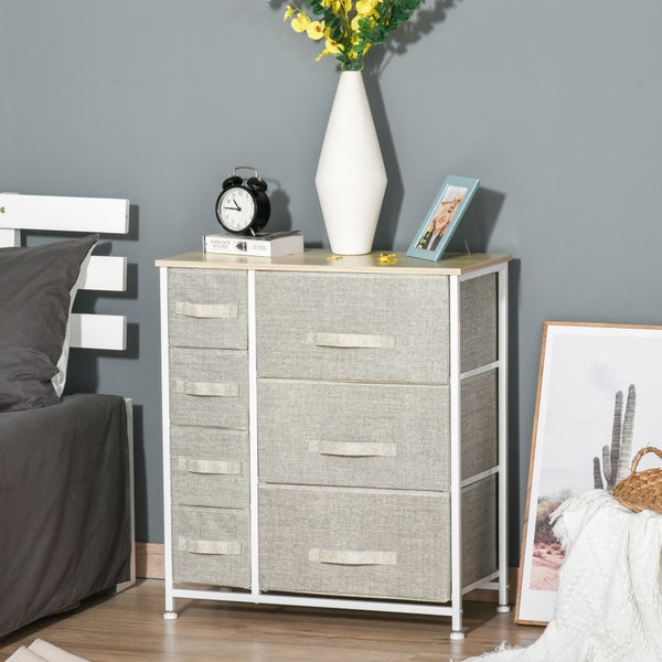 HOMCOM Schubladenschrank Aufbewahrungsschrank mit faltbaren 7 Stoffschubladen Metallgestell + Holz + Vliesstoff Hellgrau 63,5 x 30 x 71 cm