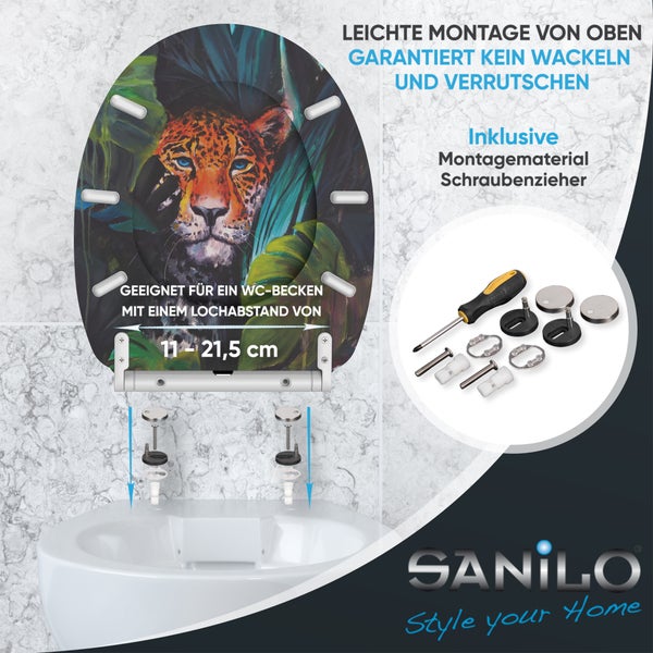 WC-Sitz mit Leopardenmotiv, Top-Fix-Montage, inkl. Befestigungsmaterial und Schraubendreher, für Lochabstand 11 bis 21,5 cm, Sanilo Logo.
