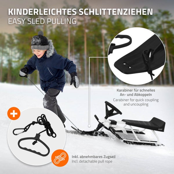 Hauki Lenkschlitten in Weiß, Kinderschlitten Rodel ab 5 Jahre, Skibob für Kinder und Erwachsene bis 90 kg, Schlitten mit Lenkrad, Fußbremse, Zugseil, Sitz mit Rückenlehne, Stahlrahmen, 119x38x50 cm