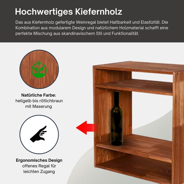 Weinregal aus Kiefernholz im skandinavischen Stil, modulares Design mit offener Ablage für einfachen Zugriff und natürlicher Holzmaserung.