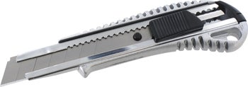 Cuttermesser mit Metallgehäuse, Schiebemechanismus und Abbrechklinge.