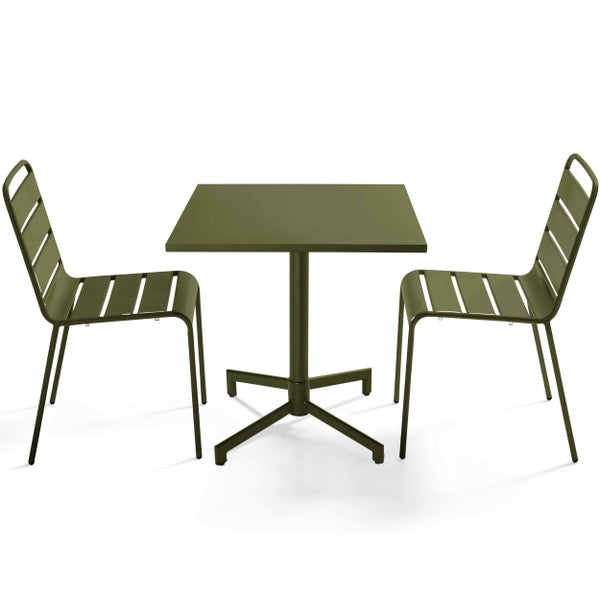 Bistro-Set aus Metall, bestehend aus einem quadratischen Tisch mit Mittelfuß und zwei Stühlen mit Latten-Design.