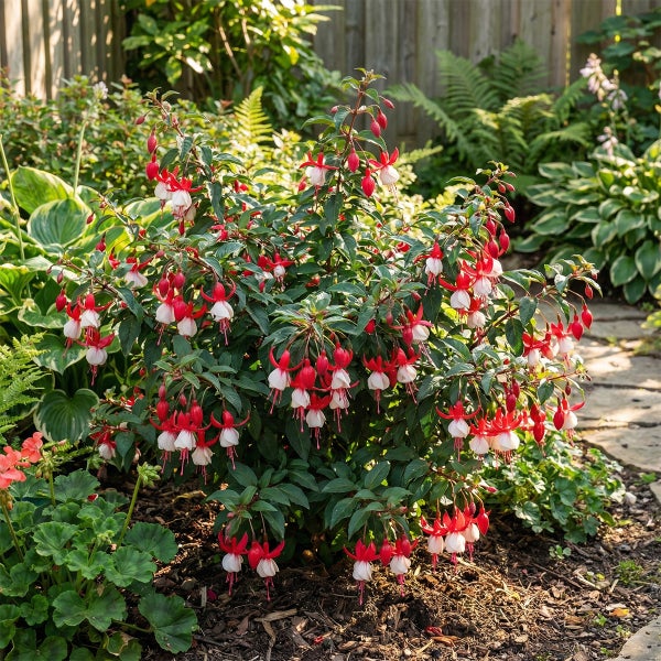 Fuchsienstrauch mit rot-weißen hängenden Blüten in einem Gartenbeet neben einem Steinweg.