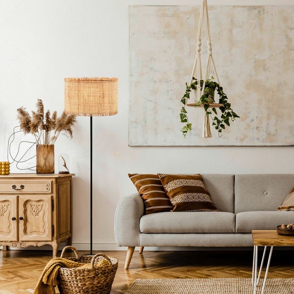 Briloner Borra Stehlampe, Strohschirm, Ein/Aus Fußtaster, Boho-Stil, E27 Fassung, Natur, Ø40 x 161 cm