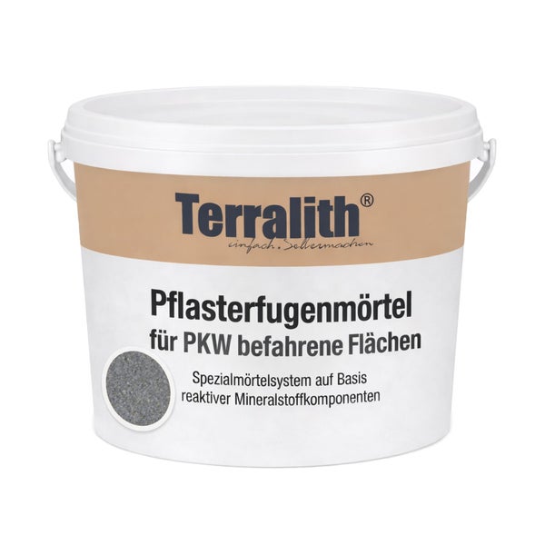 Terralith Pflasterfugenmörtel für Personenkraftwagen befahrene Flächen, Spezialmörtelsystem auf Basis reaktiver Mineralstoffkomponenten im weißen Eimer.