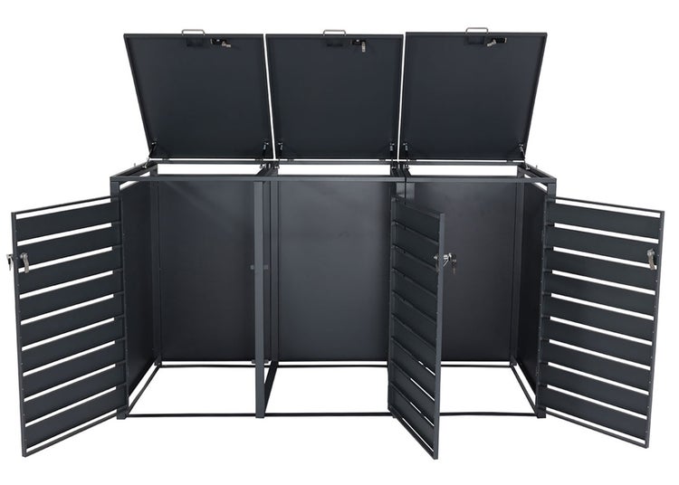 Mülltonnenbox für drei Mülltonnen mit geöffneten Türen und Deckeln