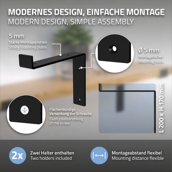 ML-Design 2 Stück Regalhalterung 20x4x14,5 cm, Schwarz, Metall, 8 Zoll Regalhalterungen, Industrielle Regalwinkel, Regalträger für Wandmontage, 90 Grad Wandhalterung, L-Form Wandregal, inkl. Schrauben