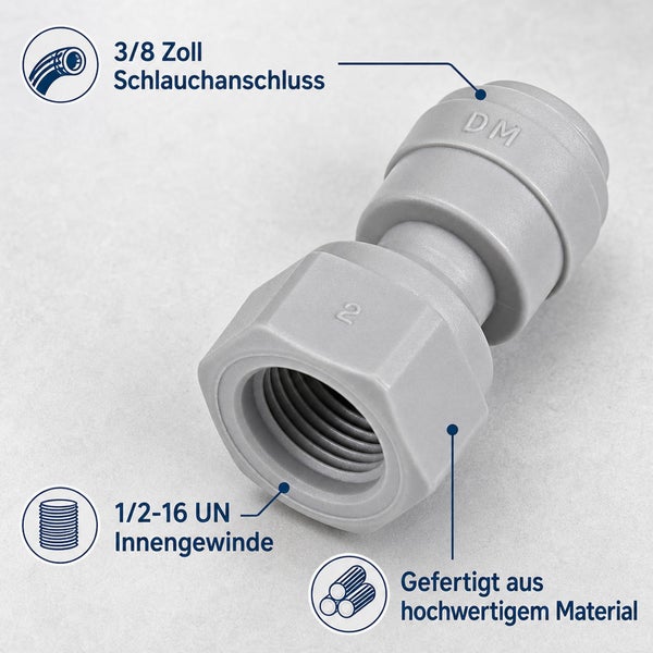 Kunststoff-Adapter mit 3/8 Zoll Schlauchanschluss und 1/2-16 UN Innengewinde für Wasserinstallationen.