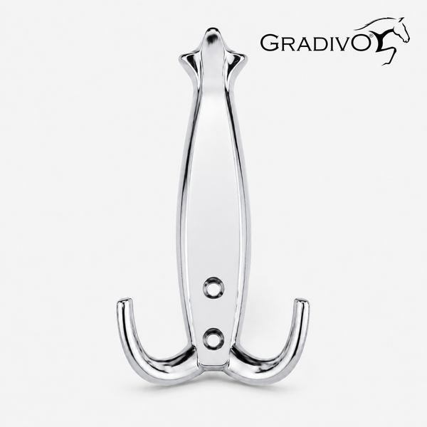 Dreifach-Kleiderhaken aus Metall mit zwei unteren Haken, einem oberen Haken und zwei Befestigungslöchern, Gradivo Logo.