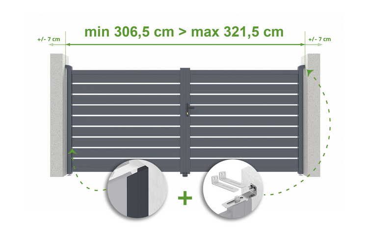 Illustration eines Gartentors mit Breitenangaben für die Montage zwischen zwei Säulen