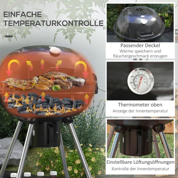 Outsunny Holzkohlegrill, Campinggrill mit Grillrost, Rädern, 55 x 65 x 89 cm, Ablage, Metall, Schwarz