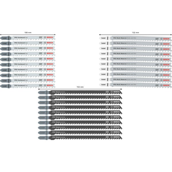 Verschiedene Bosch Stichsägeblätter für Holz und Multi-Materialien mit Längenangabe