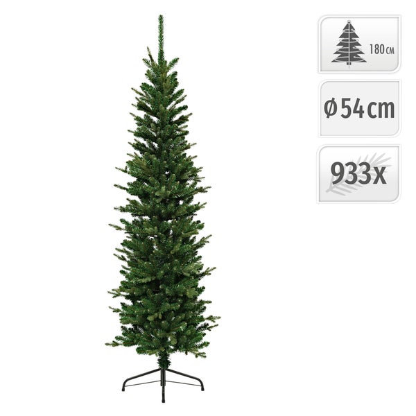 Schmaler künstlicher Weihnachtsbaum mit einer Höhe von 180 Zentimetern, einem Durchmesser von 54 Zentimetern und 933 Zweigspitzen.