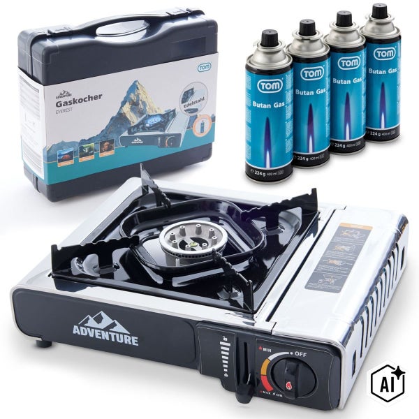 Adventure Gaskocher Everest aus Edelstahl inklusive Transportkoffer und vier Tom Butangas Kartuschen für Camping und Outdoor.