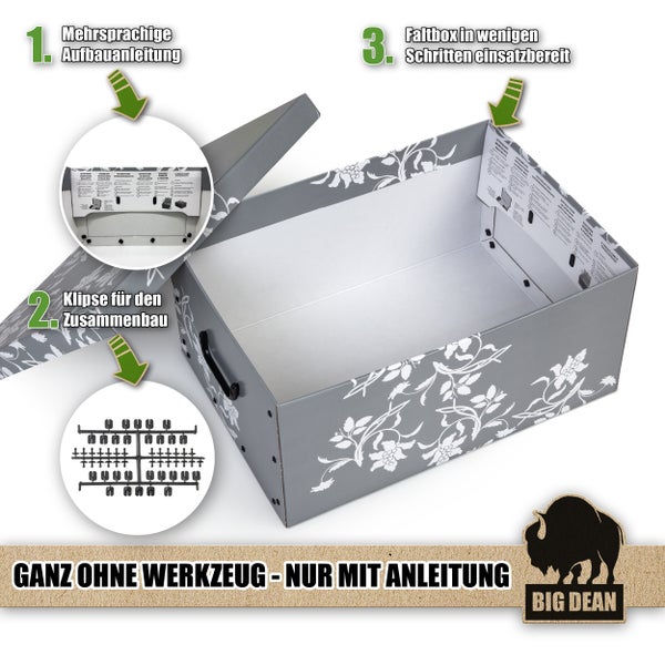 Faltbox mit mehrsprachiger Aufbauanleitung und Klipsen für den Zusammenbau, Marke Big Dean