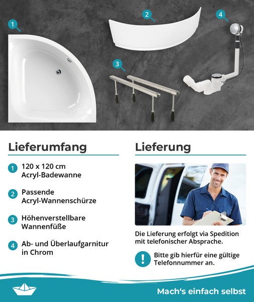 Lieferumfang eines Badewannen-Sets: Acryl-Eckbadewanne 120 mal 120 Zentimeter, Schürze, höhenverstellbare Füße und Ab- und Überlaufgarnitur.