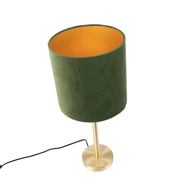 Tischleuchte mit grünem Samtschirm, goldfarbener Innenseite und goldfarbenem Metallfuß