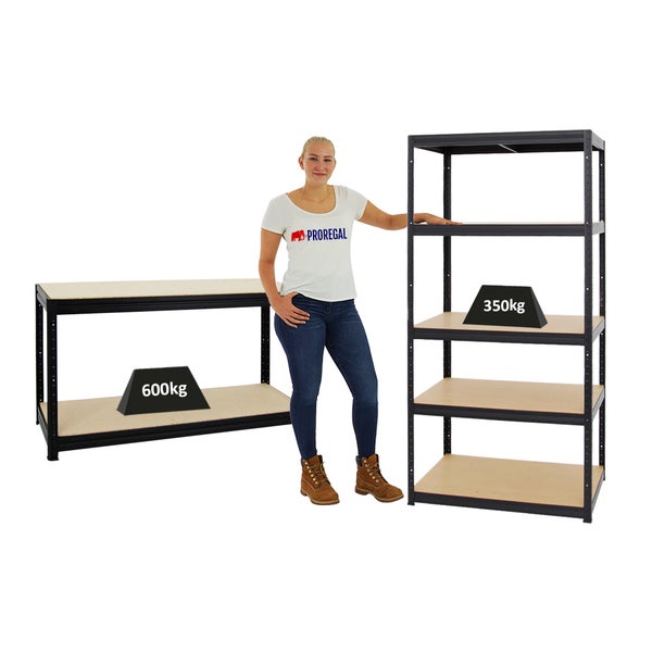 PROREGAL Mega Deal 1x Schwerlastregal Slim Elephant M HxBxT 180 x 90 x 60 cm & 1x Höhenverstellbare Werkbank Big Dino HxBxT 90 x 160 x 60 cm Schwarz