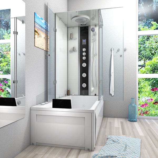 Moderne Dampfdusche mit integrierter Badewanne, Regendusche, Handbrause, Massagedüsen und Glaswänden in einem hellen Badezimmer.