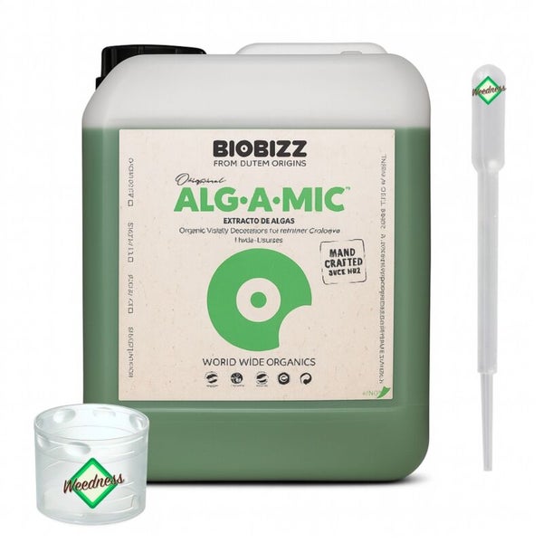 Biobizz Alg-A-Mic organischer Vitalitätsbooster im Kanister mit Messbecher und Pipette von Weedness für die Pflanzenpflege.