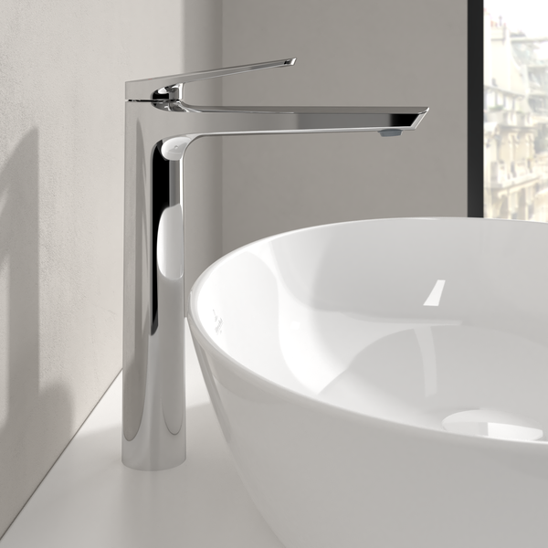 Villeroy & Boch Oasis Waschtischarmatur erhöht, ohne Ablaufgarnitur, Wasserhahn Bad mit Keramikkartusche, Waschbeckenarmatur wassersparend, Auslauf Höhe 245mm, rund, Chrom