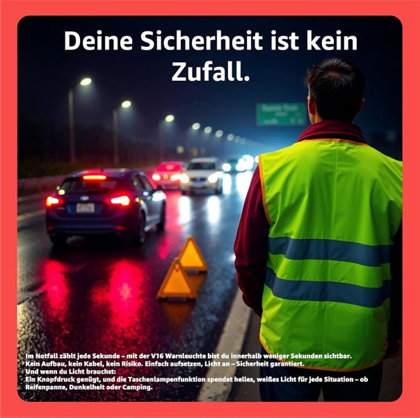 Szene auf einer Straße bei Nacht mit einem Mann in Sicherheitsweste, einem Warndreieck und Autos.