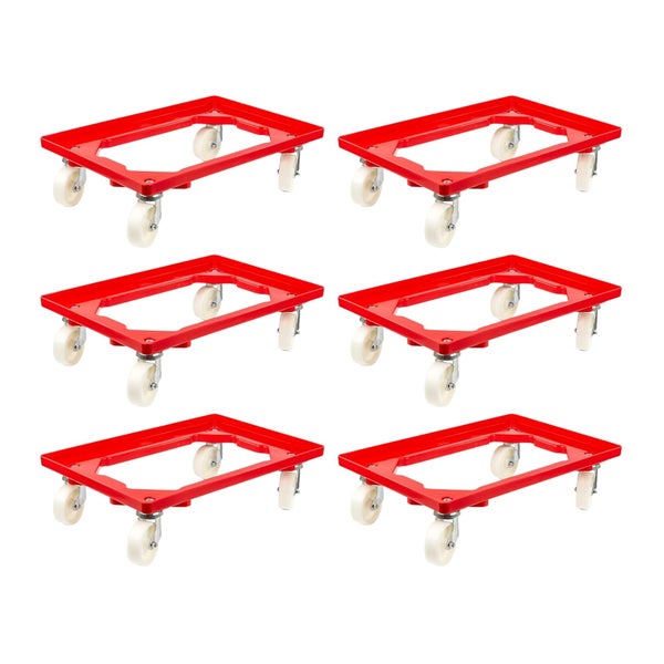 PROREGAL SparSet 6x Transportroller für Euroboxen 60 x 40 cm mit Kunststoffräder Rot Offenes Deck 2 Lenkrollen und 2 Bremsrollen Traglast 300 kg