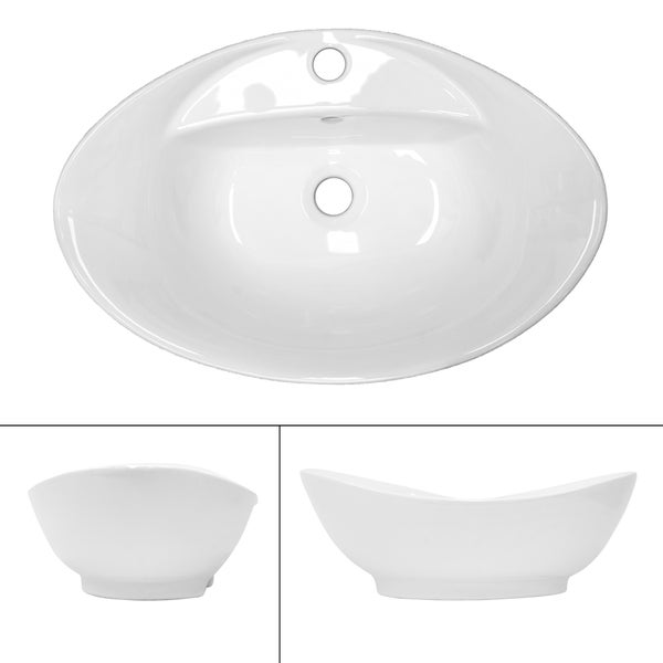ML-Design Waschbecken Keramik in Weiß glänzend 59x20,5x39,5 cm, inkl. Ablaufgarnitur, Ovale Aufsatzwaschbecken mit Überlauf, Moderne Waschtisch, Waschschale Waschplatz Handwaschbecken, für Badezimmer