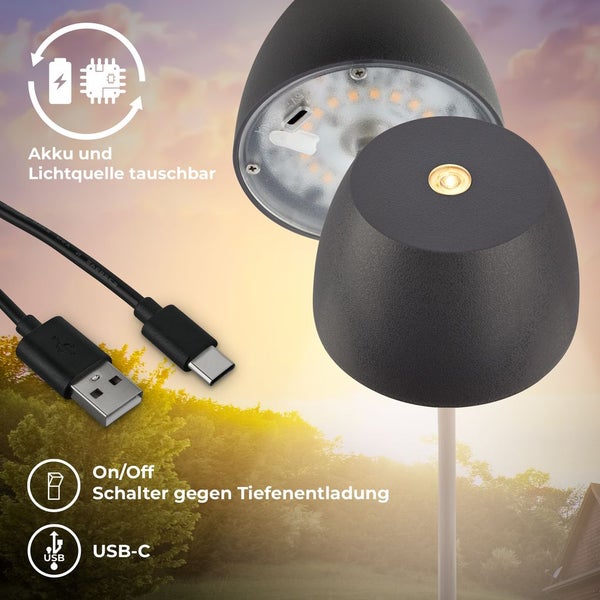 Tischlampe - 2,5W, 150lm, akku, led, dimmbar, warmweiß, anthrazit