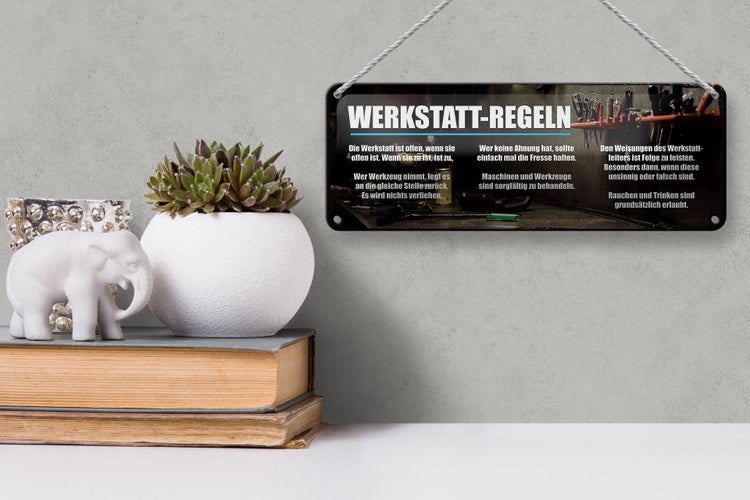 Blechschild Spruch 27x10cm Werkstatt Regeln offen wenn offen