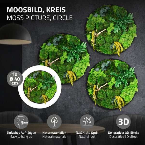 Rundes Moosbild mit 40 Zentimeter Durchmesser aus echten Naturmaterialien für eine Wanddekoration mit dekorativem 3D Effekt und einfacher Montage.