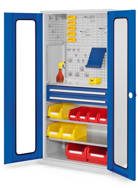 Werkzeugschrank aus Metall in Blau und Grau mit Sichtfenstertüren, Schubladen, Fachböden, Lochwand und Sichtlagerkästen.