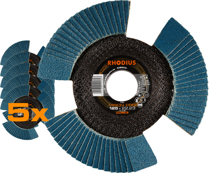RHODIUS Fächerscheibe VISION PRO, 5 Stück, 125 x 22,23 mm, Korn 60, für Edelstahl, Stahl, Metall, PROline