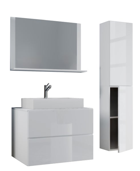 Badezimmer-Möbelset bestehend aus Waschtischunterschrank mit zwei Schubladen, Aufsatzwaschbecken, Spiegel mit Ablage und einem Hochschrank in Weiß.