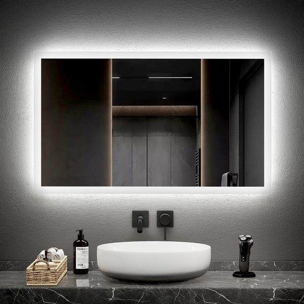EMKE LED Badspiegel 100×60 cm, Warmweiß/Kaltweiß, seitlicher Kippschalter, beschlagfrei, mattierter Rand, IP44, für Badezimmer