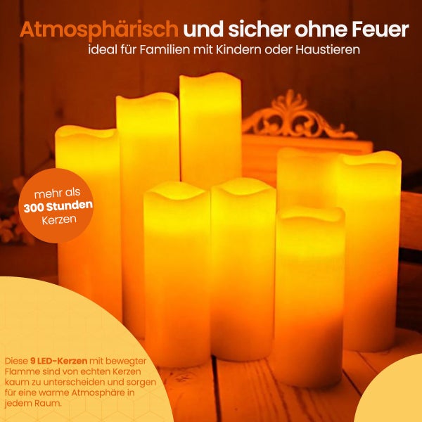 Goliving Led-Kerzen mit Fernbedienung - Ø5,5 cm - Bewegliche Flamme - Dimmbar - Timer-Funktion - Echtes Wachs - 2x Fernbedienung - Set mit 9 Stück