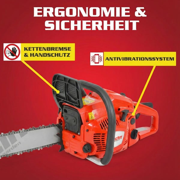 Kettensäge mit Kettenbremse, Handschutz und Antivibrationssystem für Ergonomie und Sicherheit