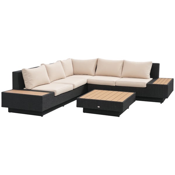 Modernes Garten-Lounge-Set aus schwarzem Polyrattan mit Ecksofa, integrierten Holztischen, beigen Polstern und passendem Couchtisch.