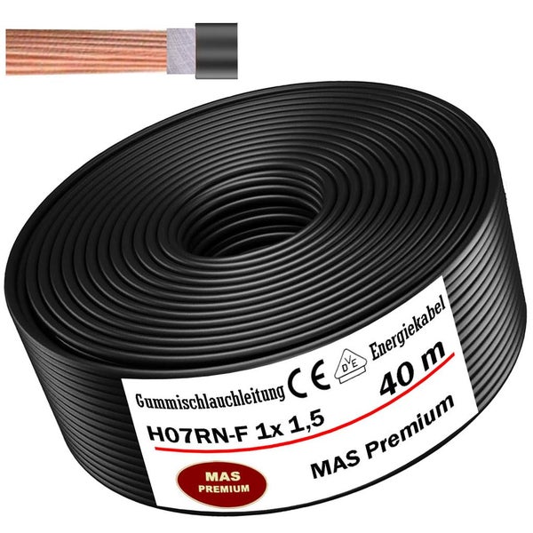 Schwarze Gummischlauchleitung H07RN-F 1 mal 1,5 MAS Premium, 40 Meter Rolle, MAS Premium Logo, Energiekabel mit europäischer Konformität und VDE-Siegel.