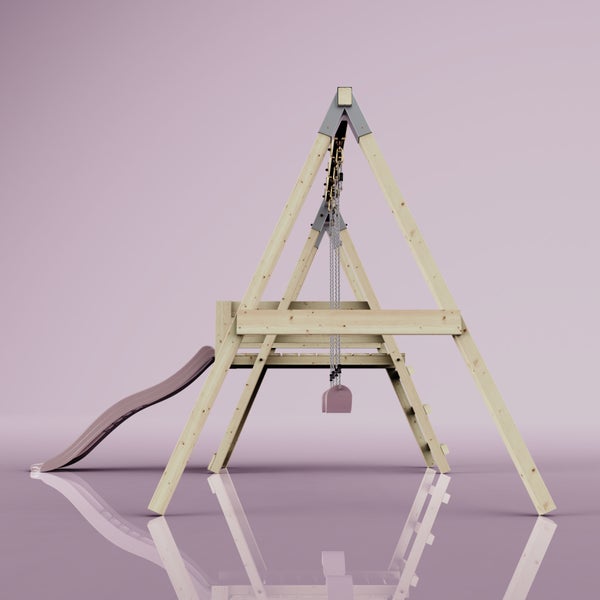 Spielgerät aus Holz mit Rutsche, Schaukel und Kletterpodest.