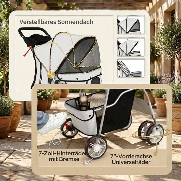 Hundebuggy mit verstellbarem Sonnendach, 7 Zoll Hinterrädern mit Bremse und schwenkbaren 7 Zoll Vorderrädern.