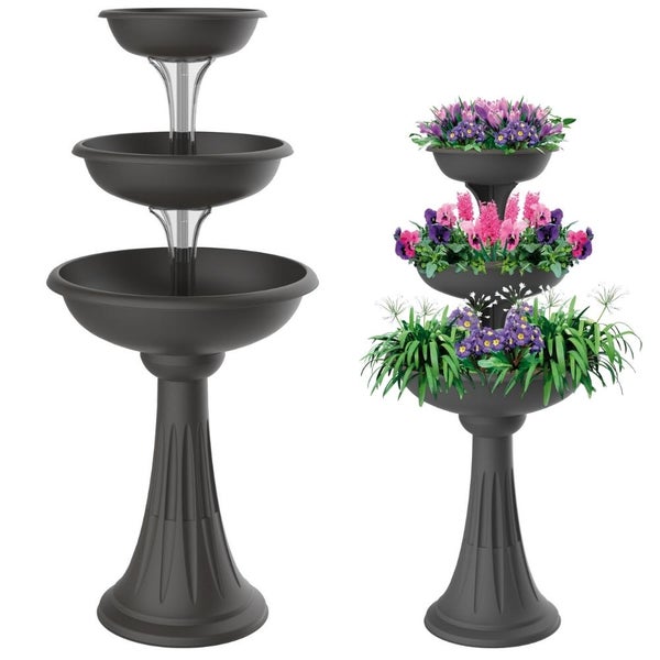 Blumenständer mit 3 Schalen Blumensäule Pflanzensäule Pflanzentreppe Pflanzschale Kräutertopf Pflanzenschalen Grau