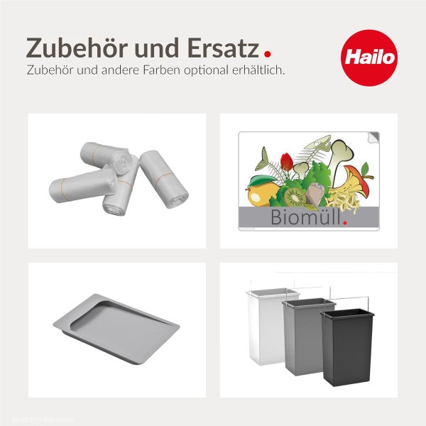 Hailo Logo, Zubehör und Ersatzteile wie Müllbeutel, Biomüll-Aufkleber, eine Ablageschale und Mülleimer in verschiedenen Ausführungen.
