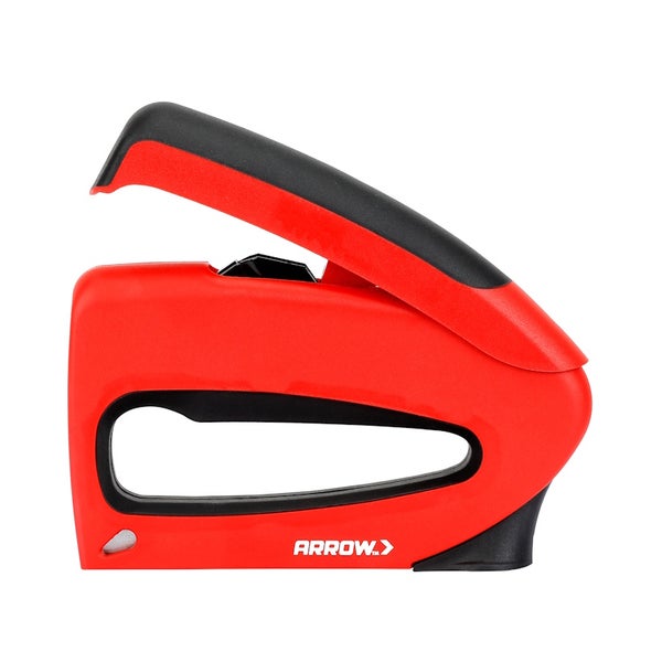 Arrow Handtacker aus Kunststoff in Rot und Schwarz mit ergonomischem Griff und Arrow Logo.