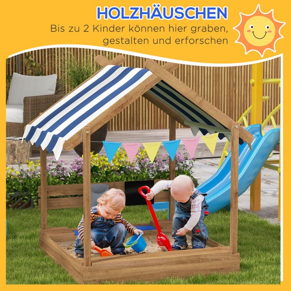 Holzsandkasten mit Dach und zwei spielenden Kindern im Garten