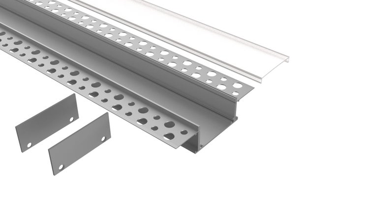 TIVENDIS Led Alu Profil 2 m T2 mit Zubehör für Strip / Streifen bis 27,6 mm breit | Abdeckung satiniert milchig  |  Einbau Unterputz Deckenleiste Deckenprofil Deckenleisten eloxiert