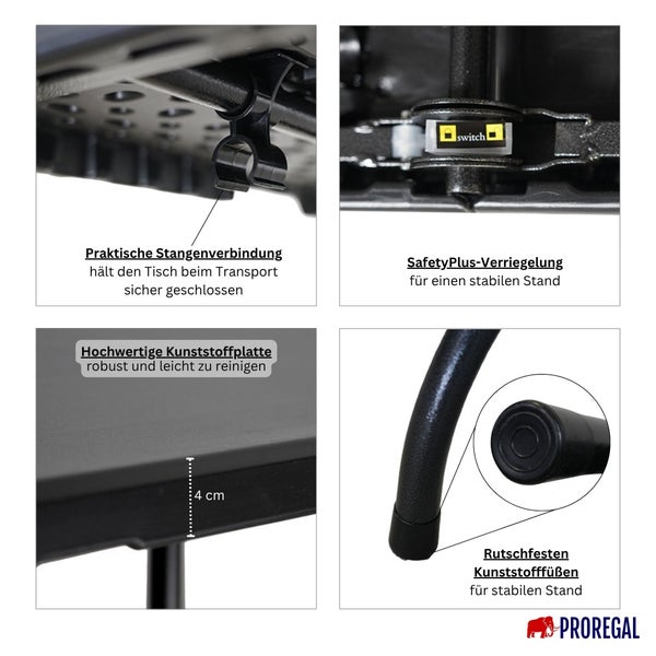 Detailansicht eines Tisches mit Stangenverbindung, Safety Plus Verriegelung, Kunststoffplatte und Kunststofffüßen.