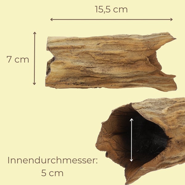 Aquariumdekoration hohler Baumstamm, Länge 15,5 Zentimeter, Höhe 7 Zentimeter, Innendurchmesser 5 Zentimeter.