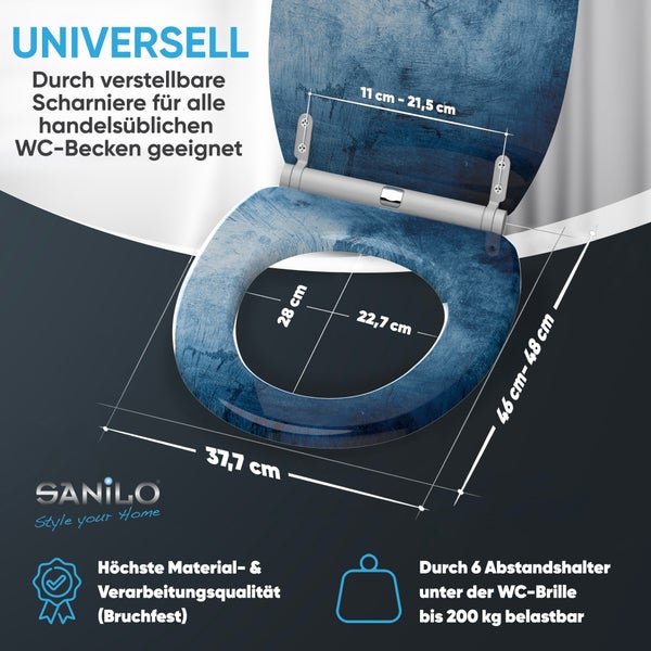 Sanilo Toilettensitz, blaues Dekor, Montage von oben, mit Montagematerial und Schraubenzieher, Lochabstand 11 bis 21,5 Zentimeter, Sanilo Logo.